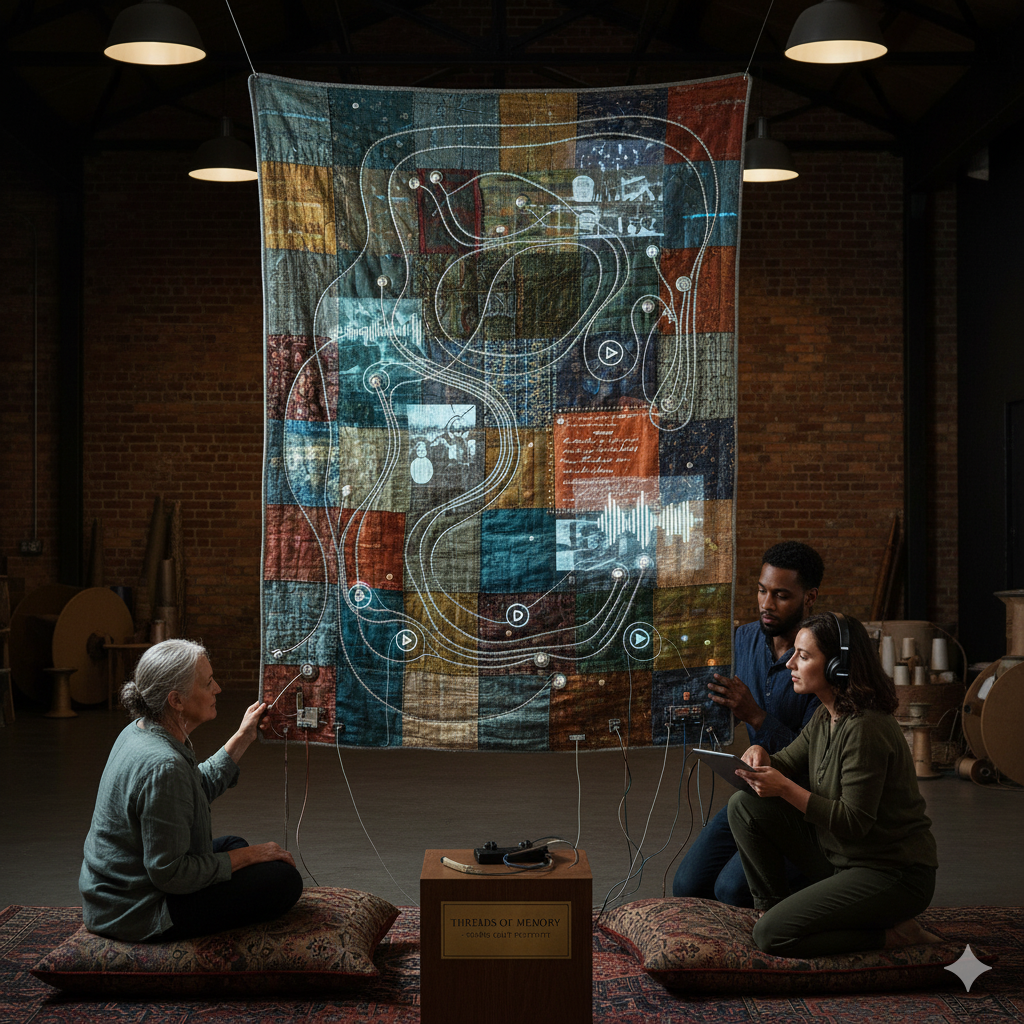 Projection‑mapped fabric panel with a single interactive sensor — placeholder